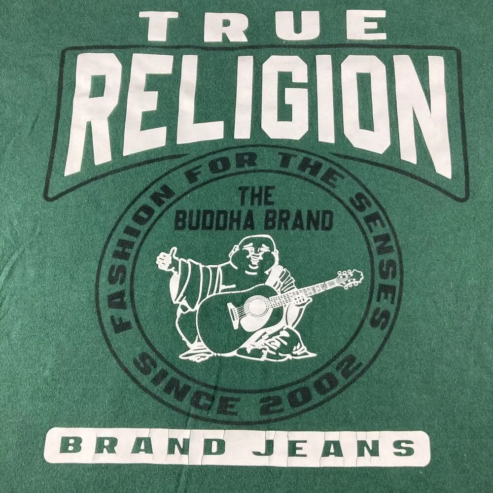 True Religion Buddha Guitar Graphic T Shirt Men’s XL Green Flawed